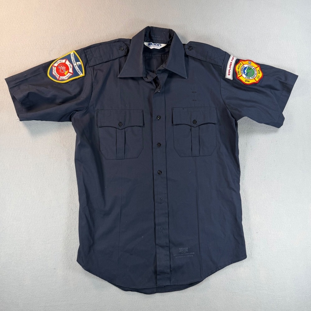 Lion Mens Navy Blue Fire Dept Uniform Shirt Short Sleeve Patches Size M USA Made